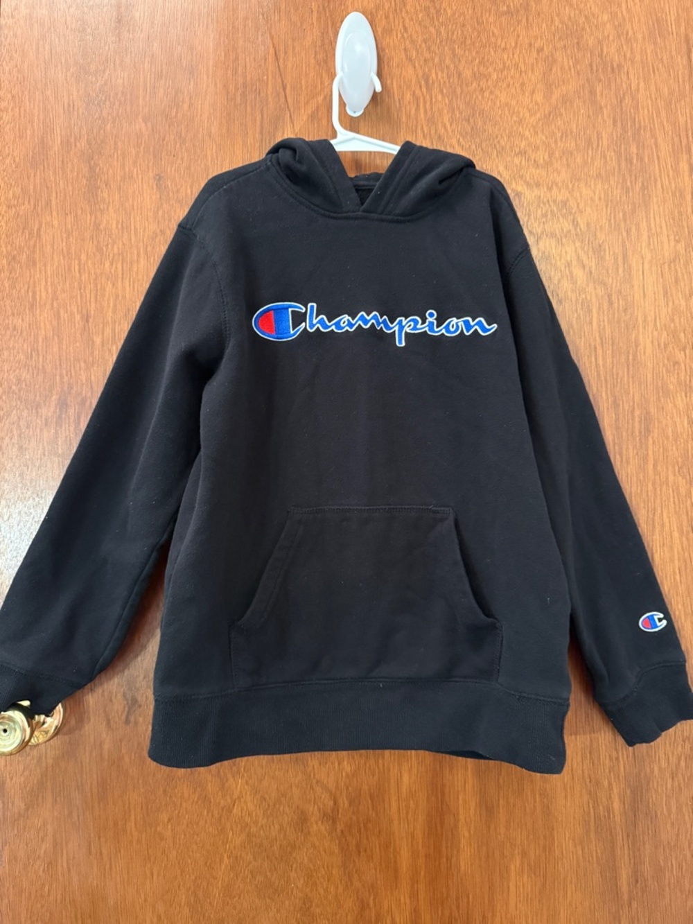 Champion Black Pullover Hoodie with Script Chest Logo